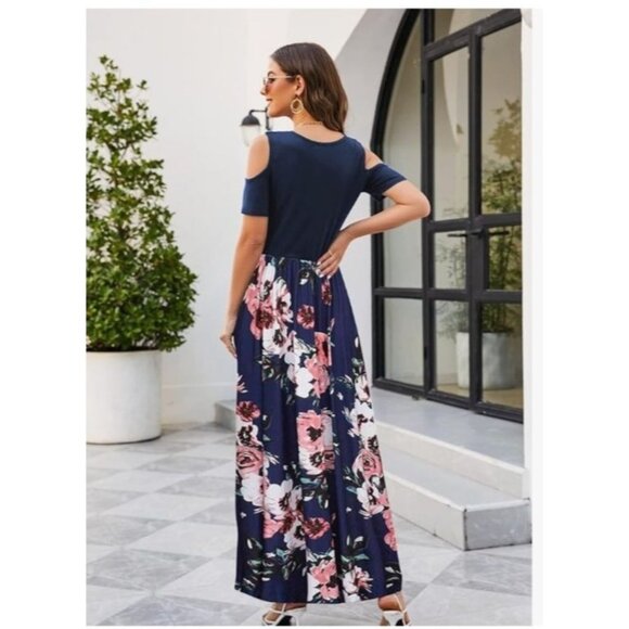 Womens Cold Shoulder Floral Maxi Dress Size XL Navy With Pink & White Boho - Picture 2 of 12